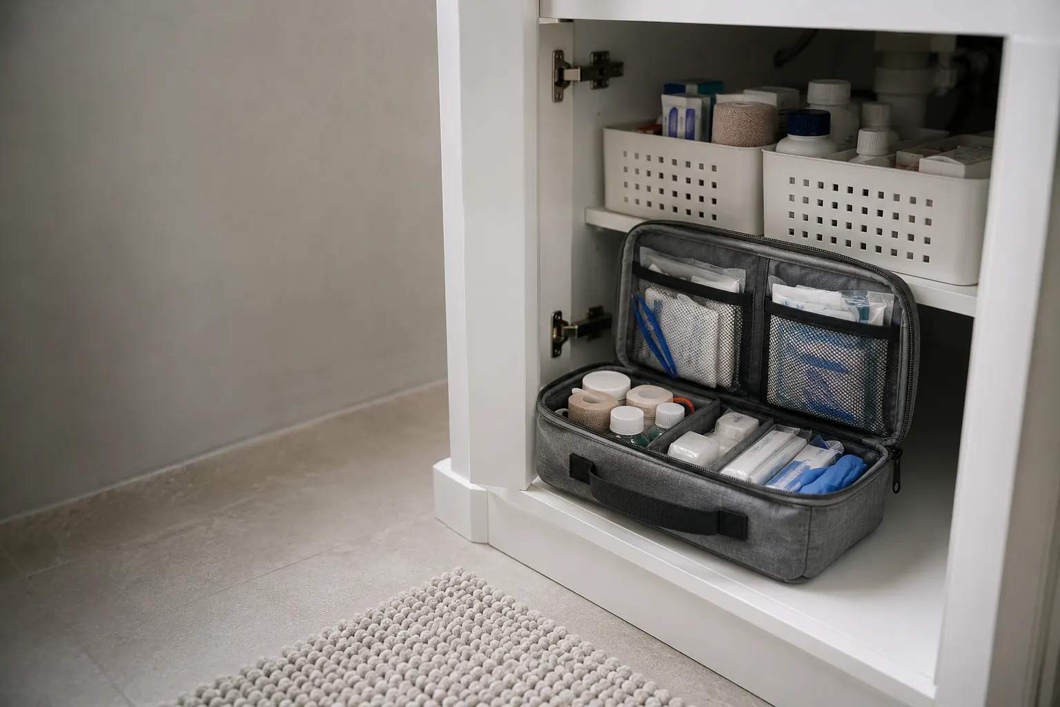 A closed unbranded first-aid pouch, a blank document pouch, a switched-off battery lantern, and a coiled charging cable laid out on a clean household planning table.