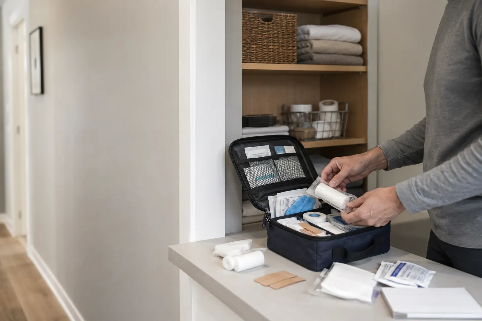 A first-aid kit opened for a routine inspection on a clean surface, contents grouped, with no medication, dates, or readable labels shown.
