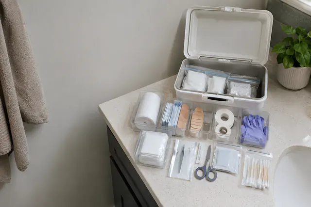 Sealed unbranded refill supplies grouped beside an open first-aid kit on a clean surface, with no medication, treatment, or person shown.