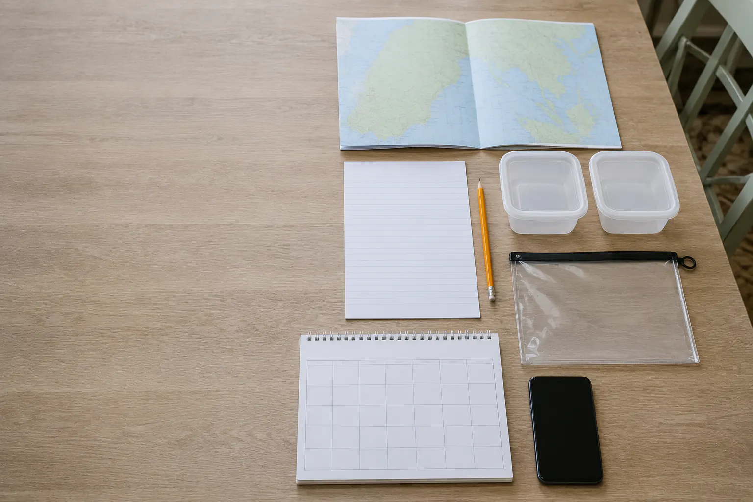 An overhead view of a folded generic waterbody-style map with no labels, beside a blank card and pencil on a kitchen table, with no advisory result recorded.