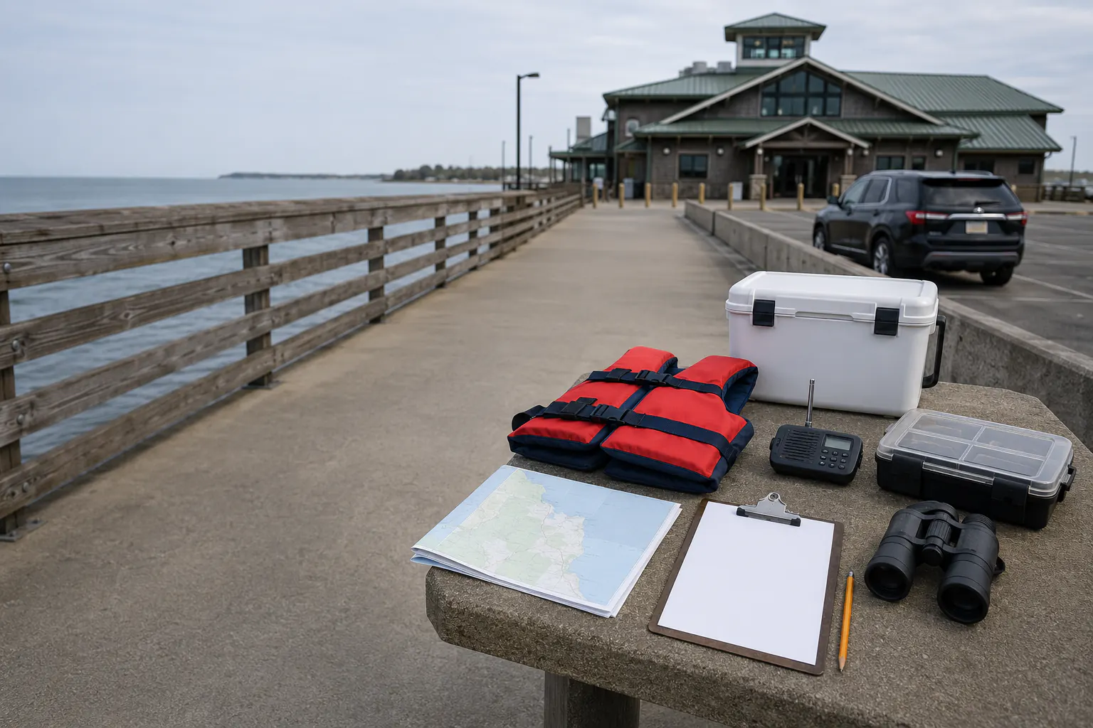A correctly fitted plain foam life jacket lying flat beside an unlabelled folded map on a fixed planning table at a maintained public fishing pier, before any fishing activity.