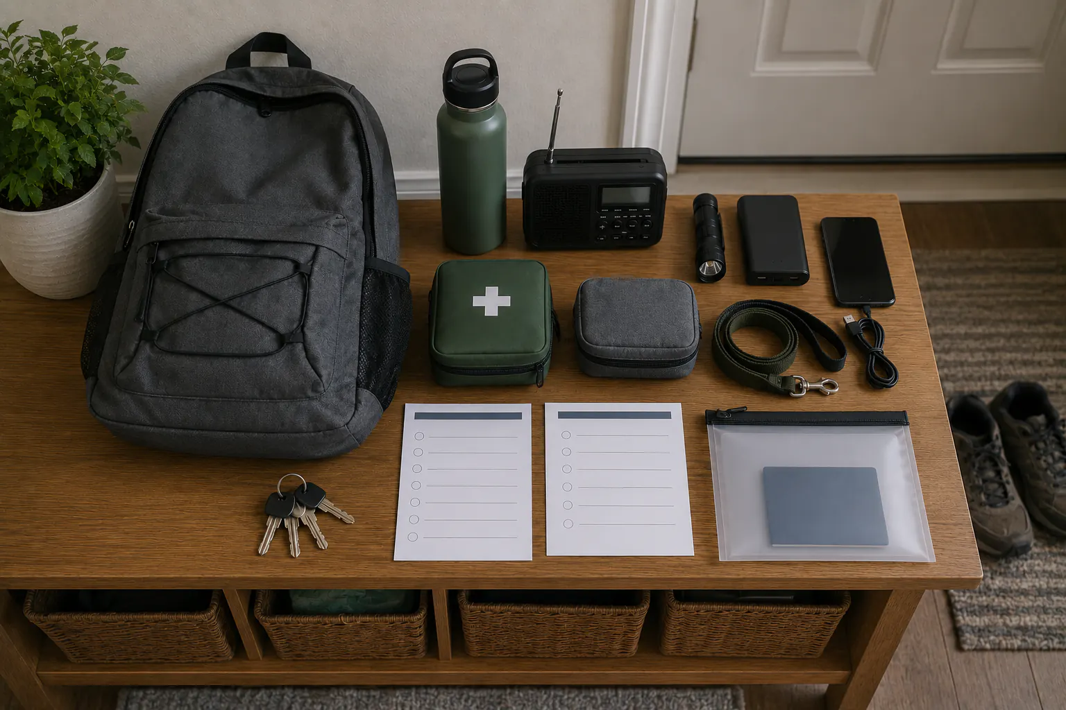 Open evacuation backpack beside water, a radio, flashlight, phone, first-aid pouch, keys, blank route cards, document sleeve, pet leash, and shoes at a dry entryway.