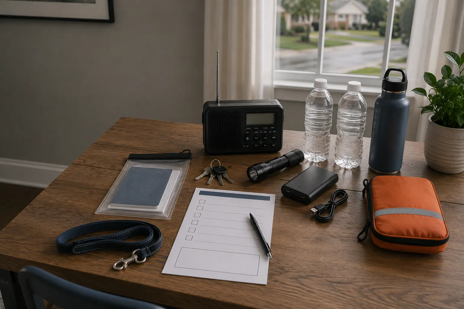 Flood-planning table with a battery radio, water bottles, flashlight, power bank, keys, document pouch, pet leash, and blank checklist beside a dry window.