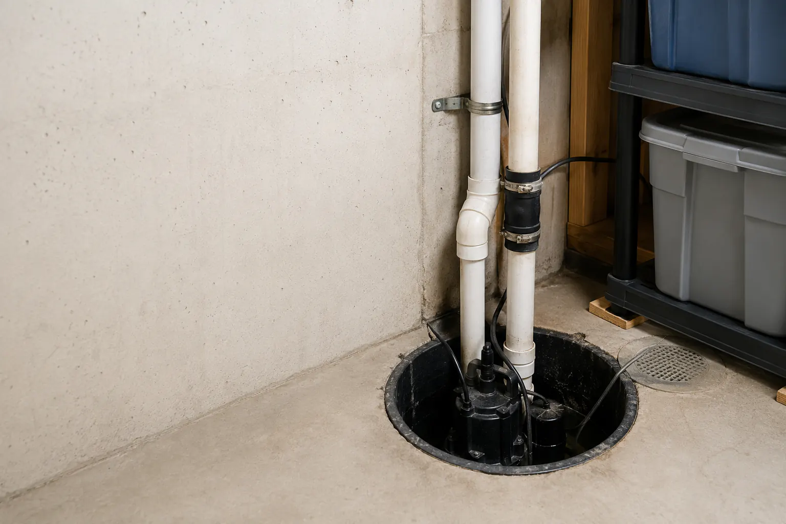 A sump pump in its basin beside a floor drain, with storage bins raised on shelving in a dry basement.