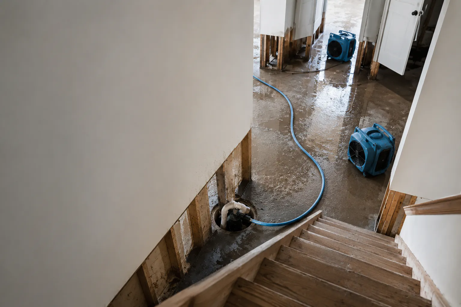 A flooded home interior with water on the floor, exposed wall framing, a sump pump, and a person on a staircase.