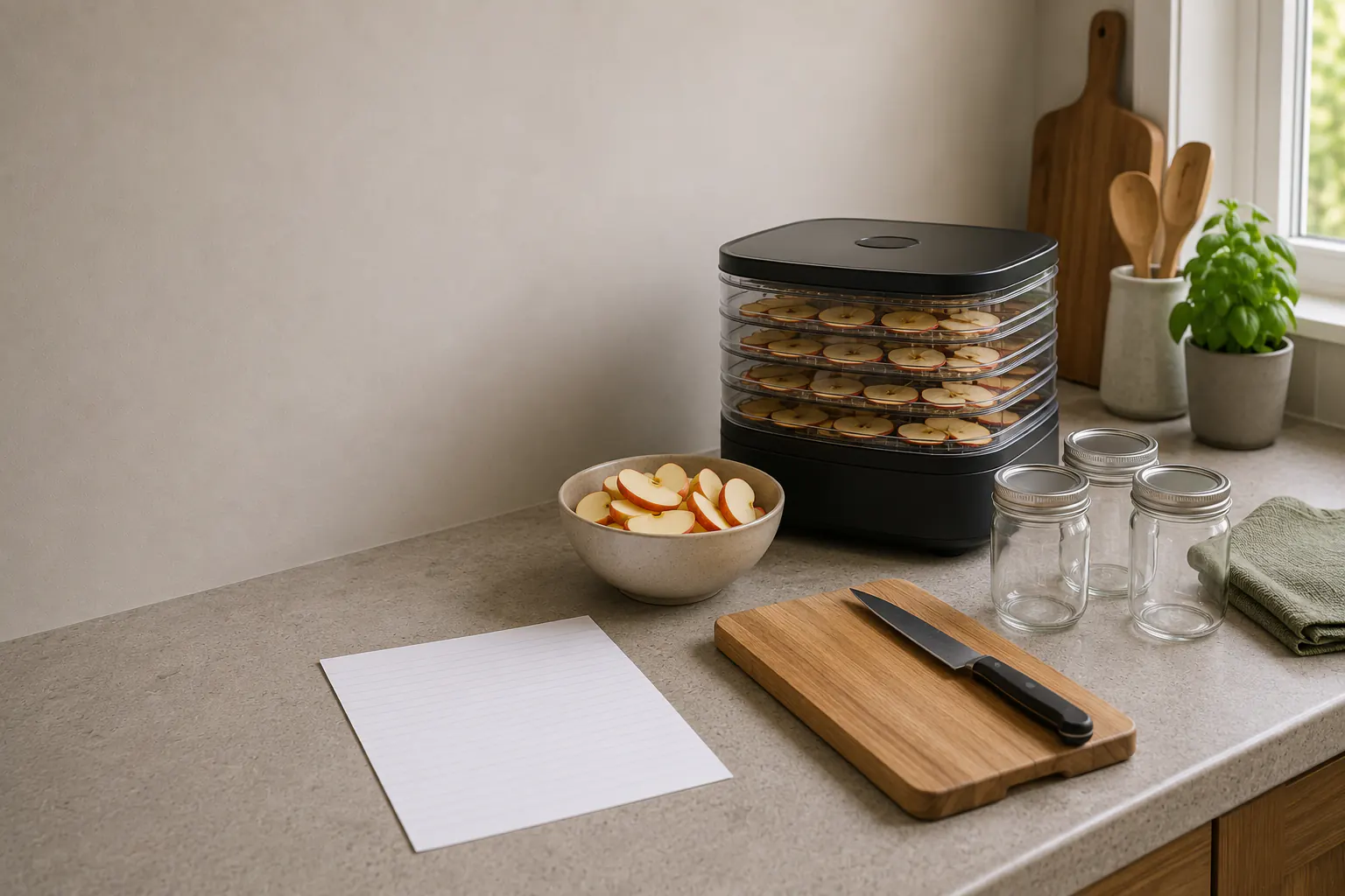 A compact unbranded countertop dehydrator with closed trays beside a bowl of fresh apple slices, a cutting board, and clean glass jars in a tidy kitchen.