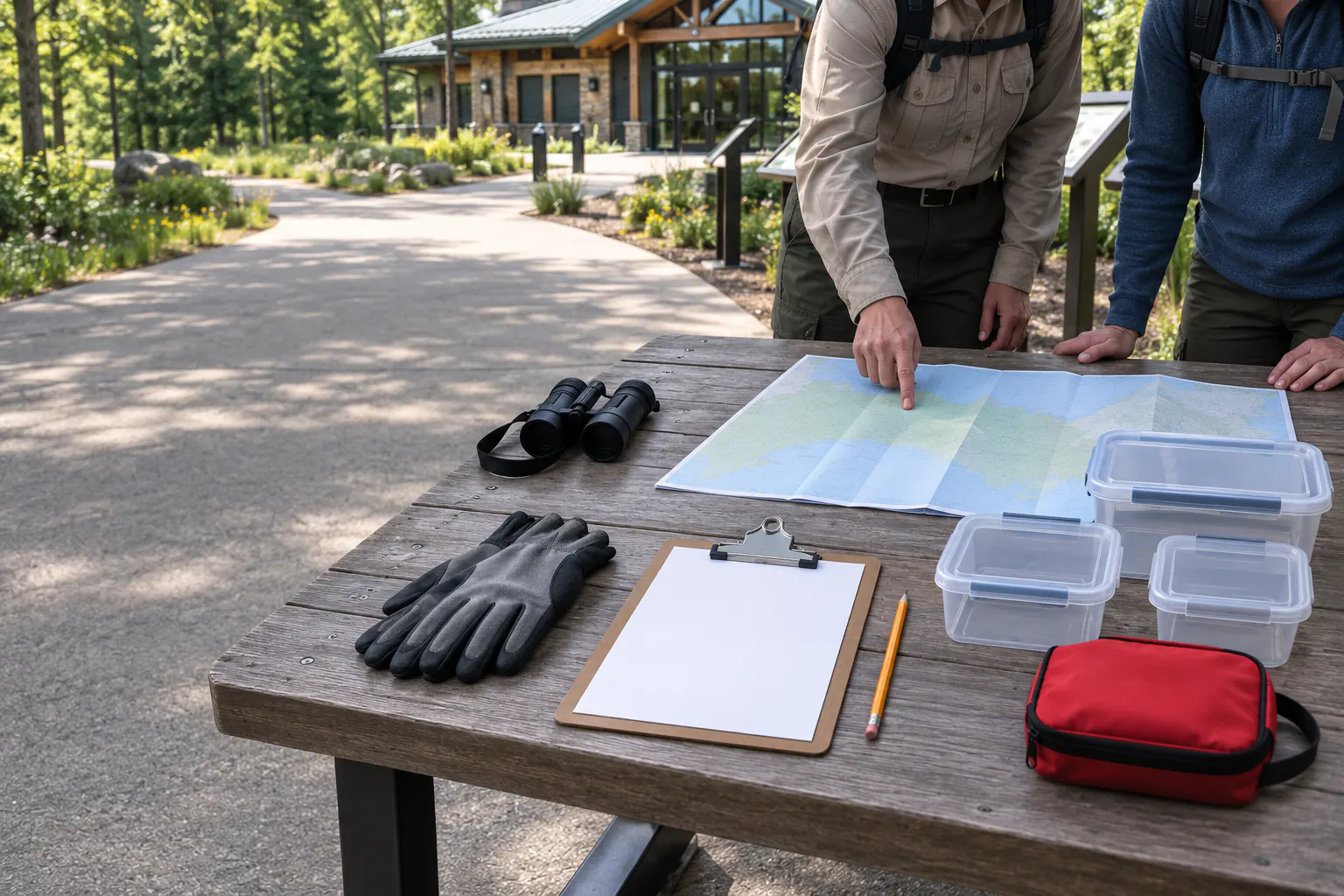 A blank folded map, a clipboard with unmarked paper, a pencil, compact binoculars, and clean empty transparent teaching containers on an outdoor teaching table at a park education area.