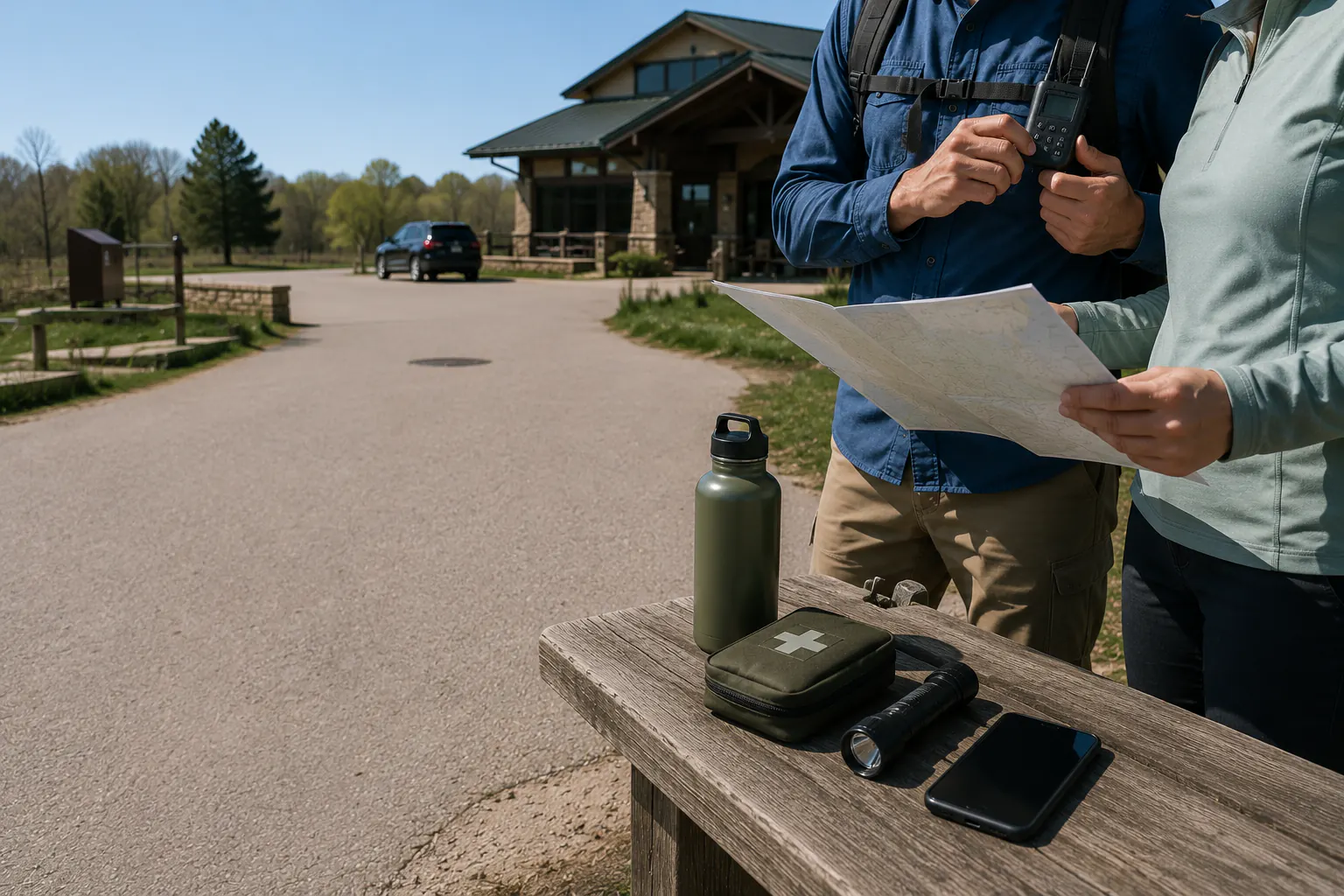 Two adults framed below the shoulders at a maintained park trailhead, one holding a folded blank map and the other clipping on a switched-off device, beside a visitor-centre building.