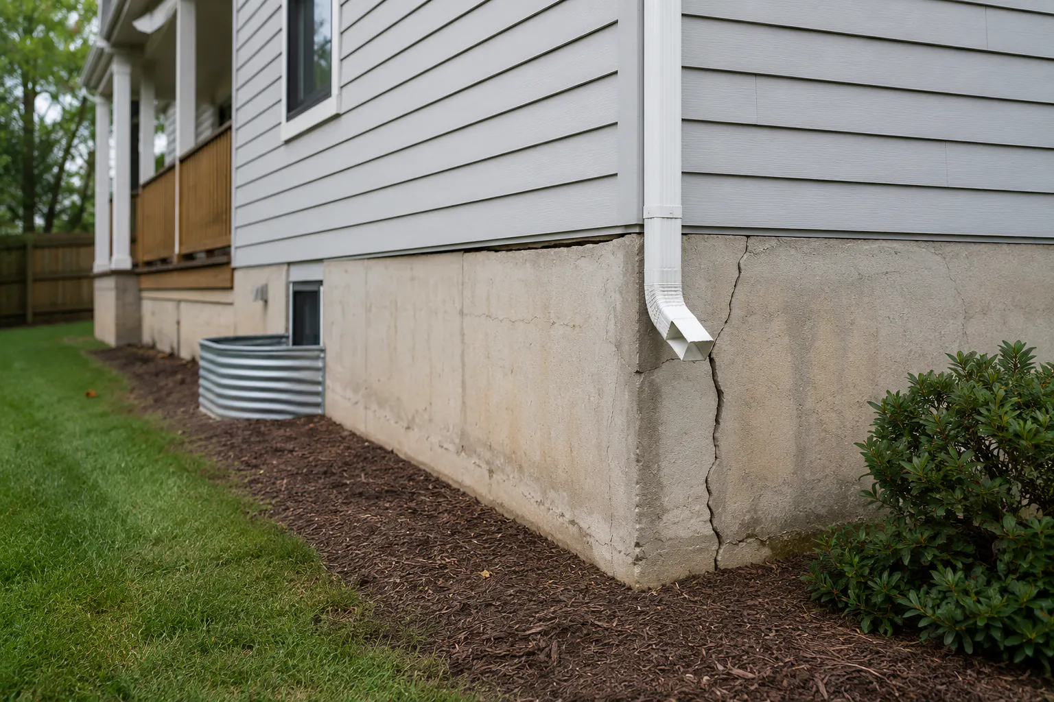 A hairline crack in an exterior foundation wall photographed straight on in daylight, with no measurement or annotation.
