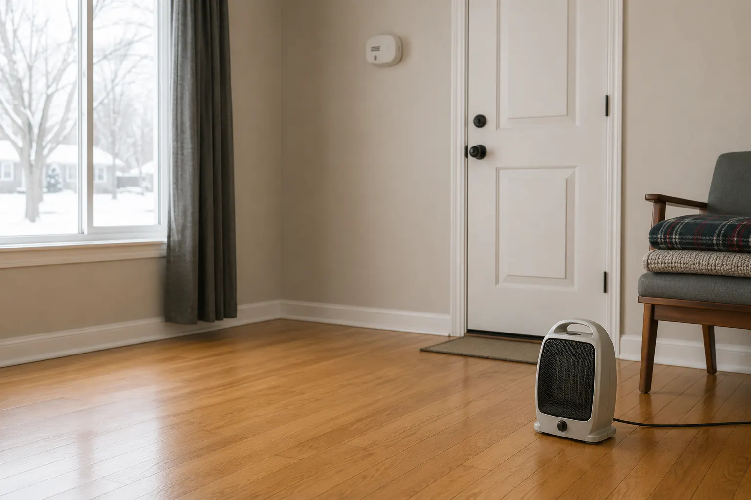 A portable electric heater switched off on a clear hardwood floor near a front door, with a wall-mounted alarm and folded blankets on a chair.