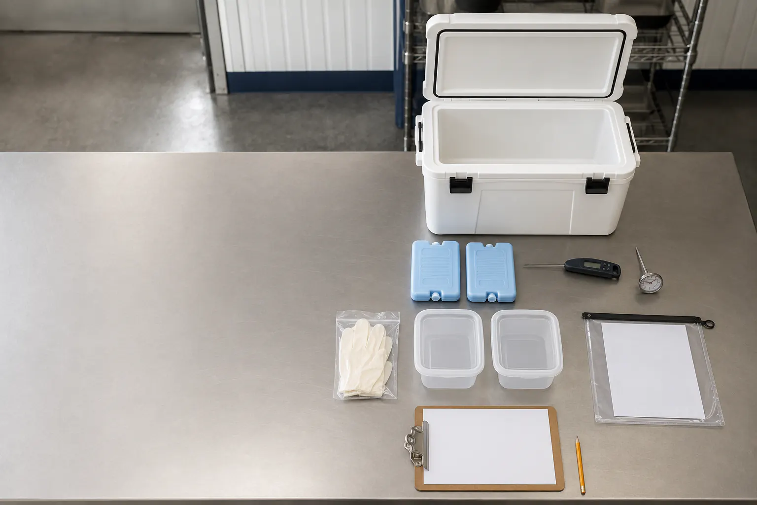 An overhead layout of an open empty white hard-sided cooler with a clean interior, two sealed reusable cooling blocks, and an unbranded thermometer on a stainless utility table.