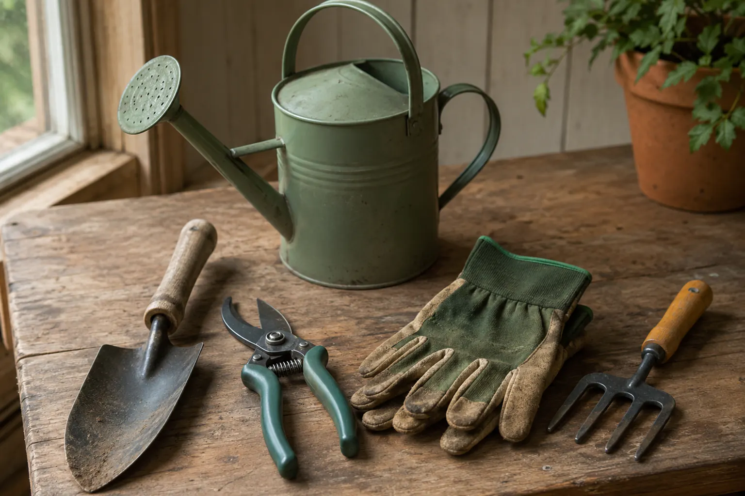 A short set of essential garden hand tools on a wooden workbench: a trowel, pruners, sturdy gloves, a digging fork, and a watering can.