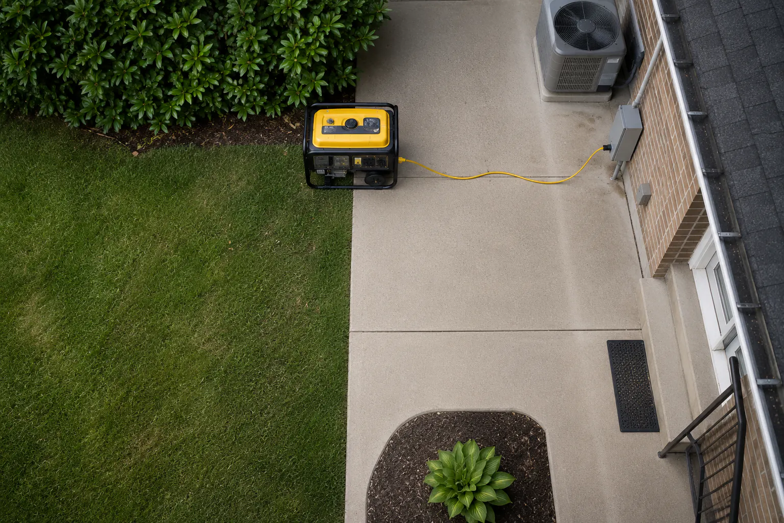 Portable generator operating outdoors on a paved area away from a house.