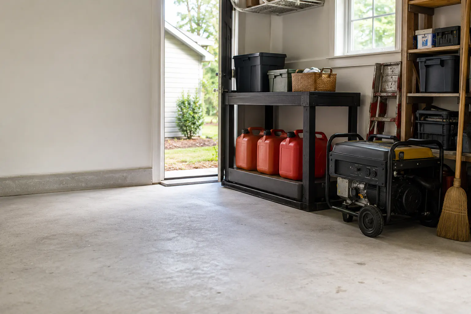 A portable generator parked beside approved fuel cans on a garage shelf with the door open to daylight.