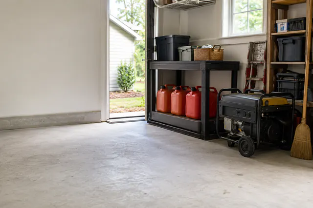 A portable generator parked beside approved fuel cans on a garage shelf with the door open to daylight.