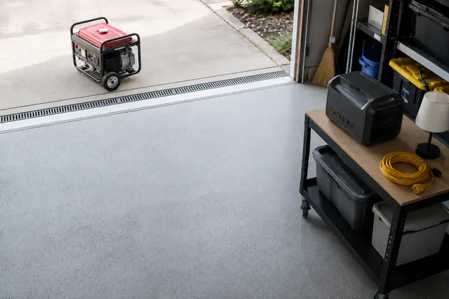 A portable generator standing outdoors on a driveway while a battery power station sits on a cart inside the garage.