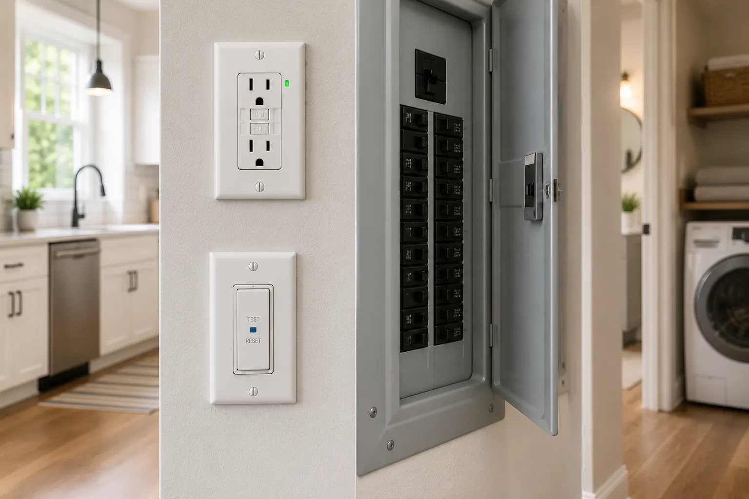 A GFCI outlet with test and reset buttons on a kitchen wall, viewed straight on, no hands or tools present.