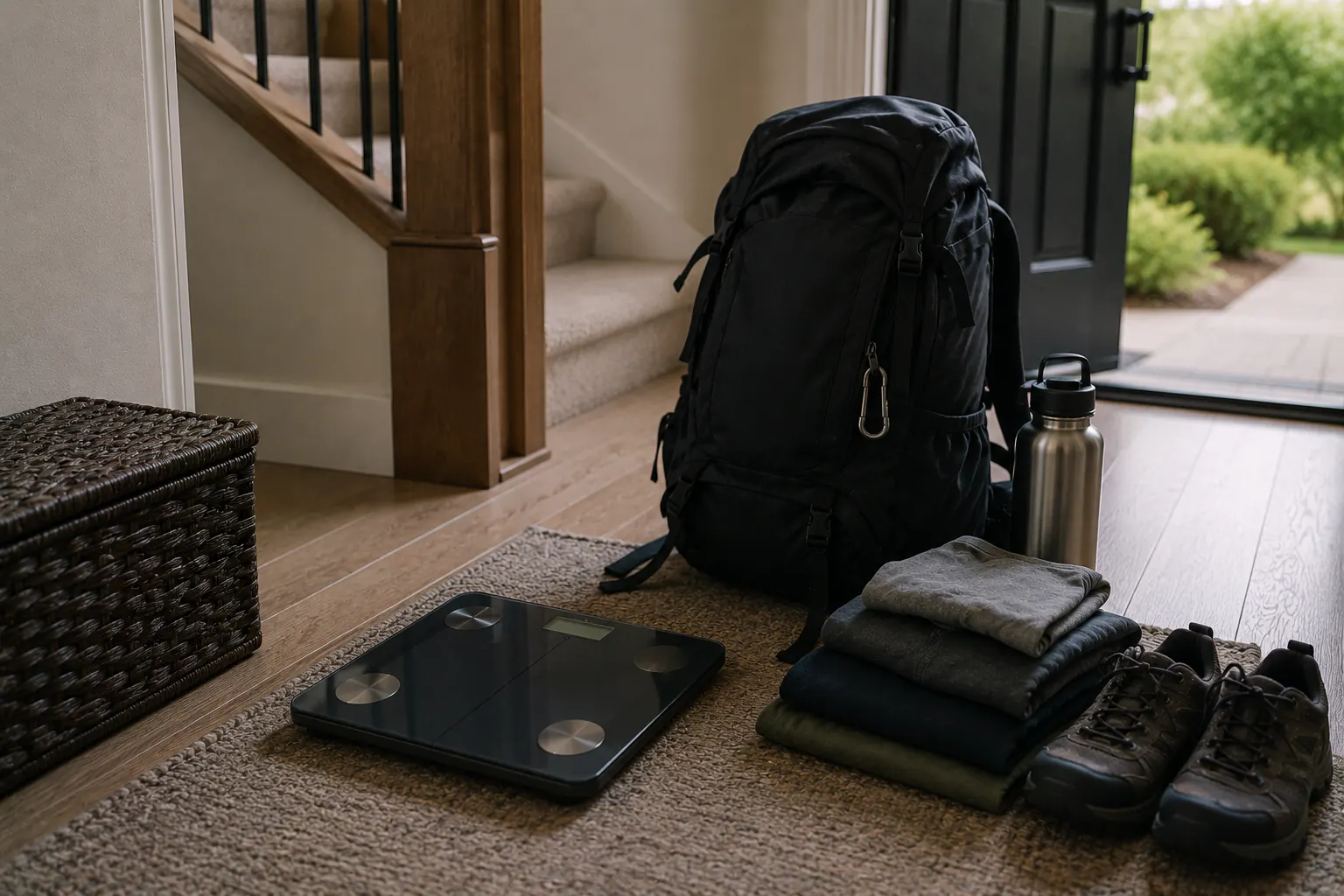 A packed go-bag on a household scale beside a folded layer and a sealed bottle, with no readable numbers on the display.