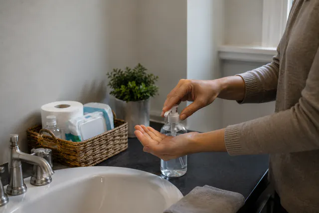 A basin, a sealed water container, and folded clean cloths arranged by a sink that is not running.