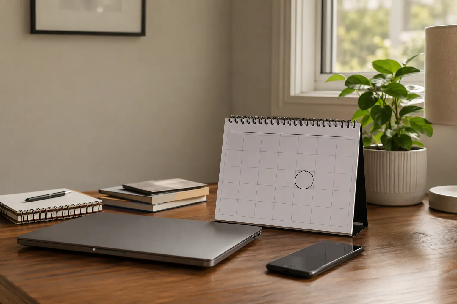 A blank desk calendar with an unmarked circled date, a closed laptop, and a phone on a wooden desk.