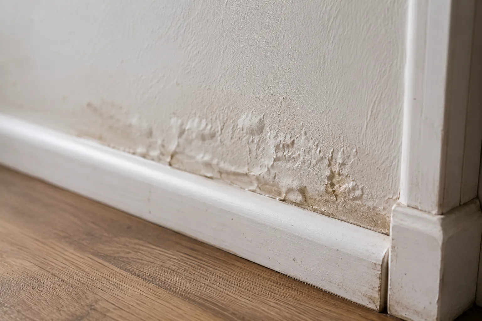 A damp, stained baseboard beneath a window in a room with a dehumidifier.
