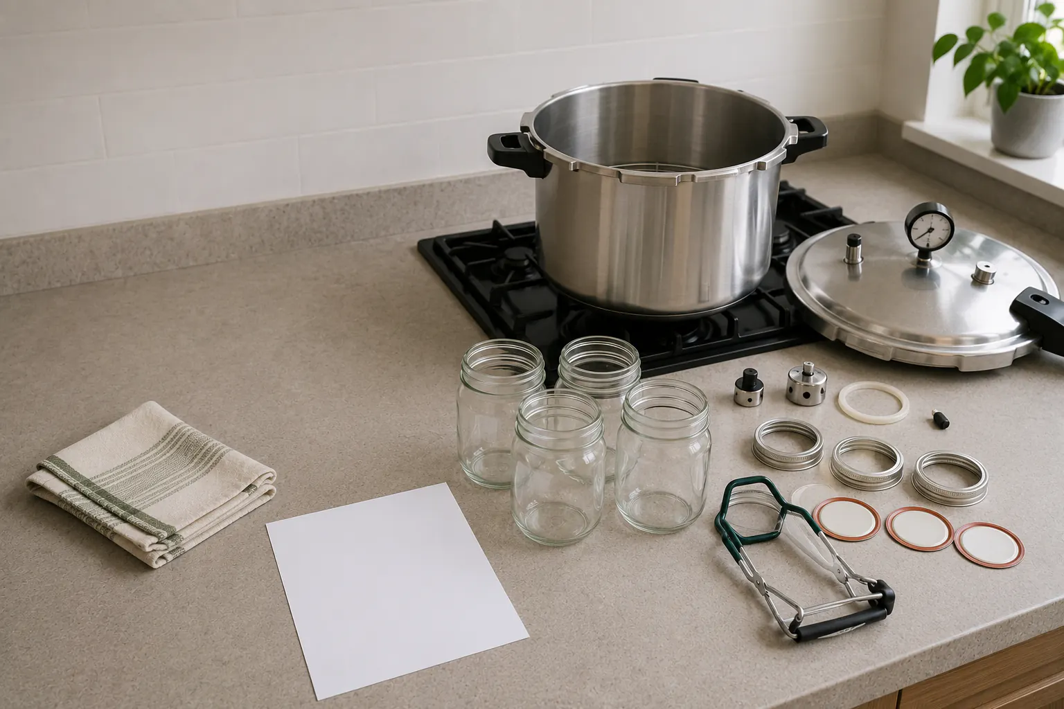 A cool empty unbranded stovetop pressure canner on an unlit burner with its lid placed separately, showing the intact rack, vent, gasket area, and weighted gauge, beside empty glass jars.