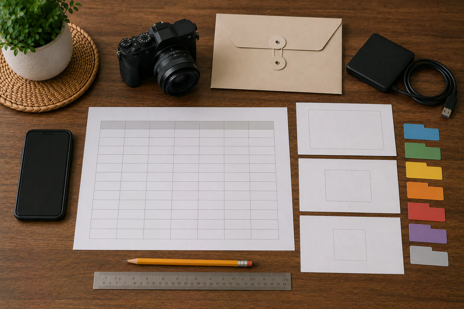 An overhead home-condition documentation workspace with a blank location grid, three text-free photo placeholder cards, a pencil, a ruler, color tabs, a phone, a switched-off camera, a closed envelope, and a disconnected external drive.