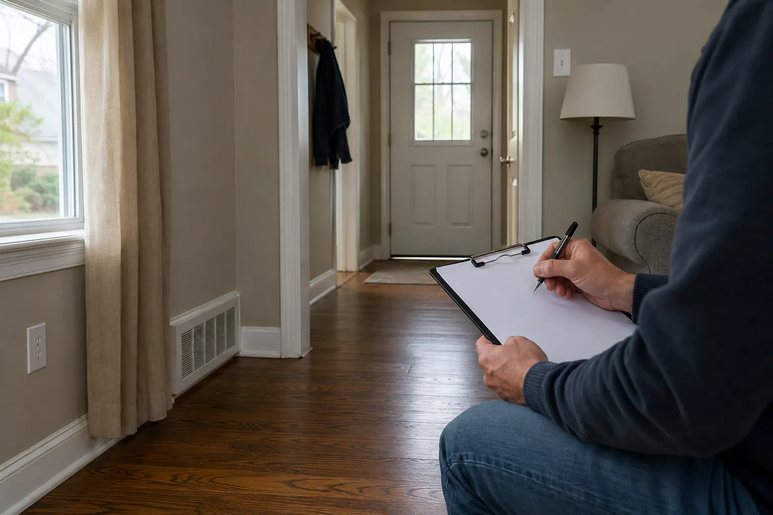A person with a clipboard surveys a hallway with a floor vent, an outlet, and a curtained window in view.