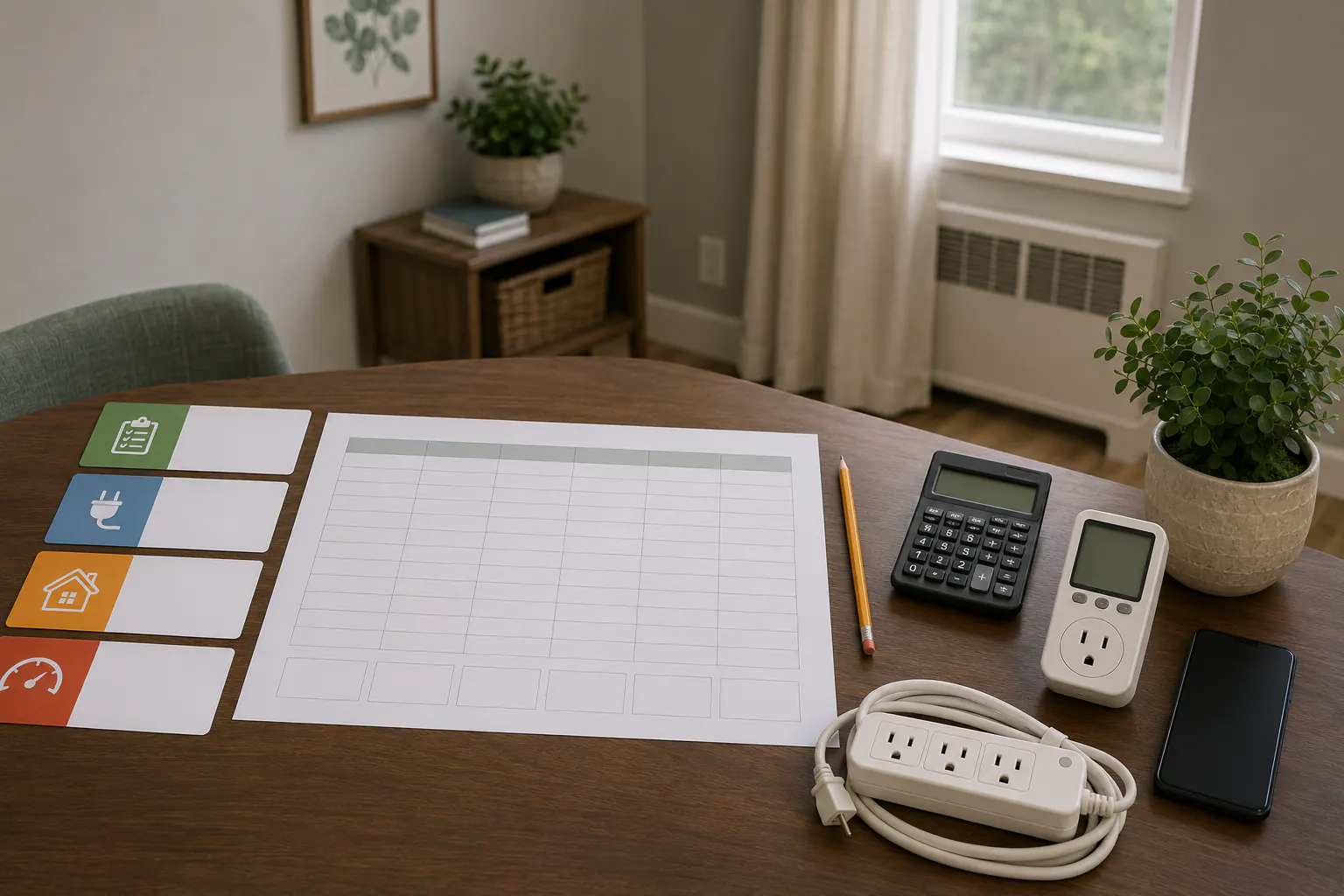 A home energy-efficiency planning table with a blank tracking sheet, text-free category tabs, a pencil, a blank-display calculator, a switched-off plug-in monitor, a power strip, and a phone, with a plain wall vent in the background.