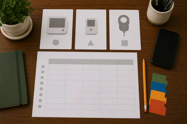 An overhead research-comparison workspace with three neutral grey monitor silhouettes on separate cards, a blank comparison grid, a pencil, text-free tabs, and a phone.