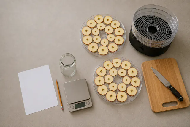 An overhead view of two dehydrator trays holding a single non-overlapping layer of uniform apple slices, a switched-off dehydrator base, a cutting board, and a kitchen scale.