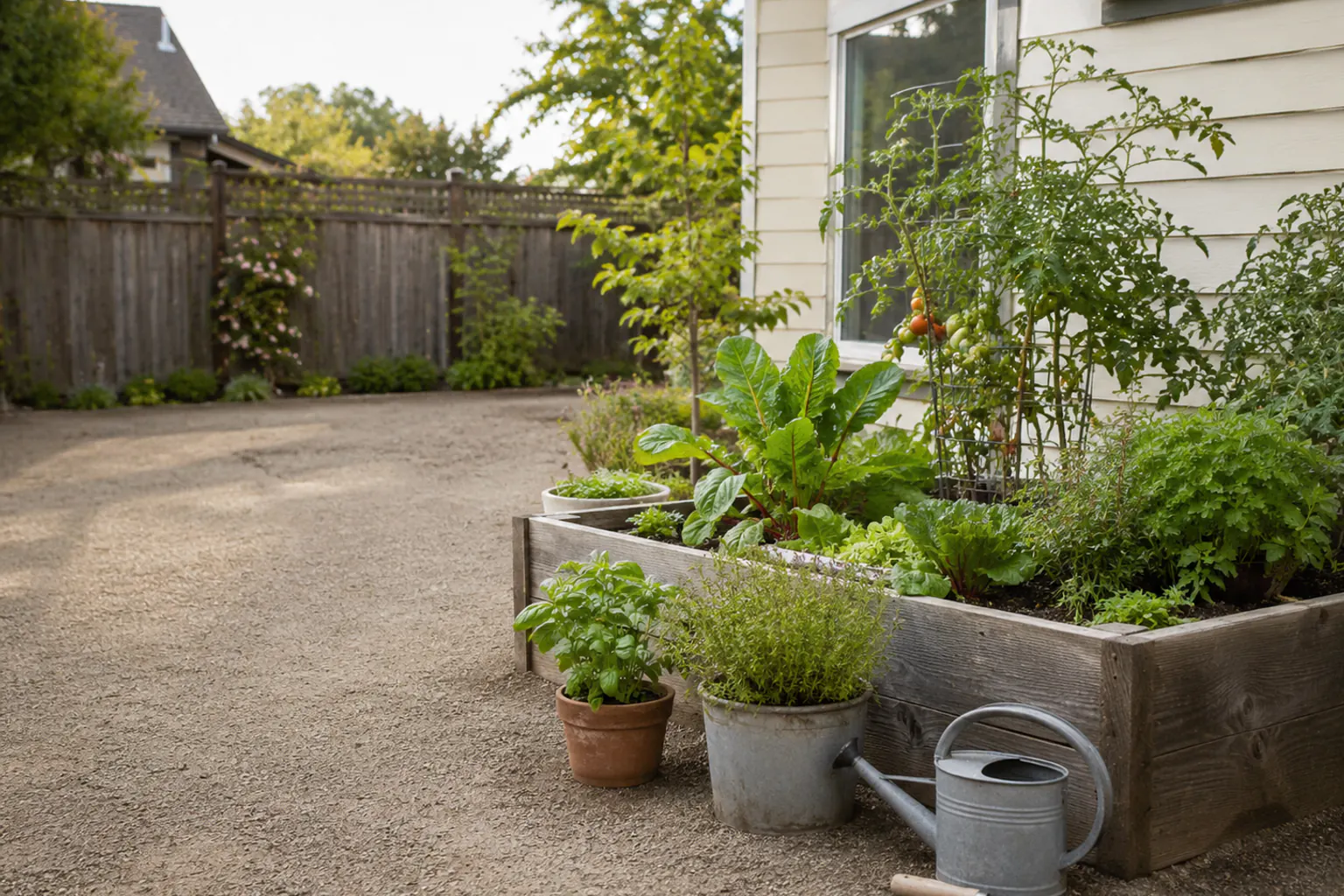 A tended backyard raised bed of leafy greens, herbs, and tomatoes beside potted basil and thyme, a galvanized watering can and hand trowel resting on the gravel.