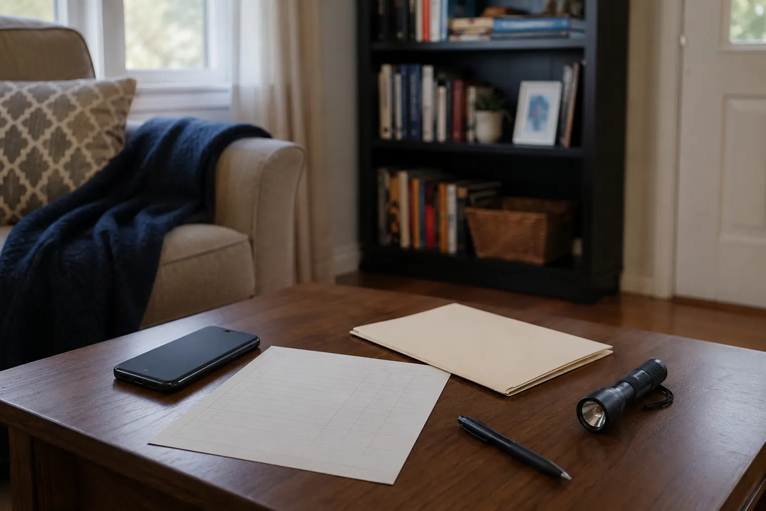 A blank inventory sheet, a folder, a phone, a pen, and a flashlight on a living-room coffee table.