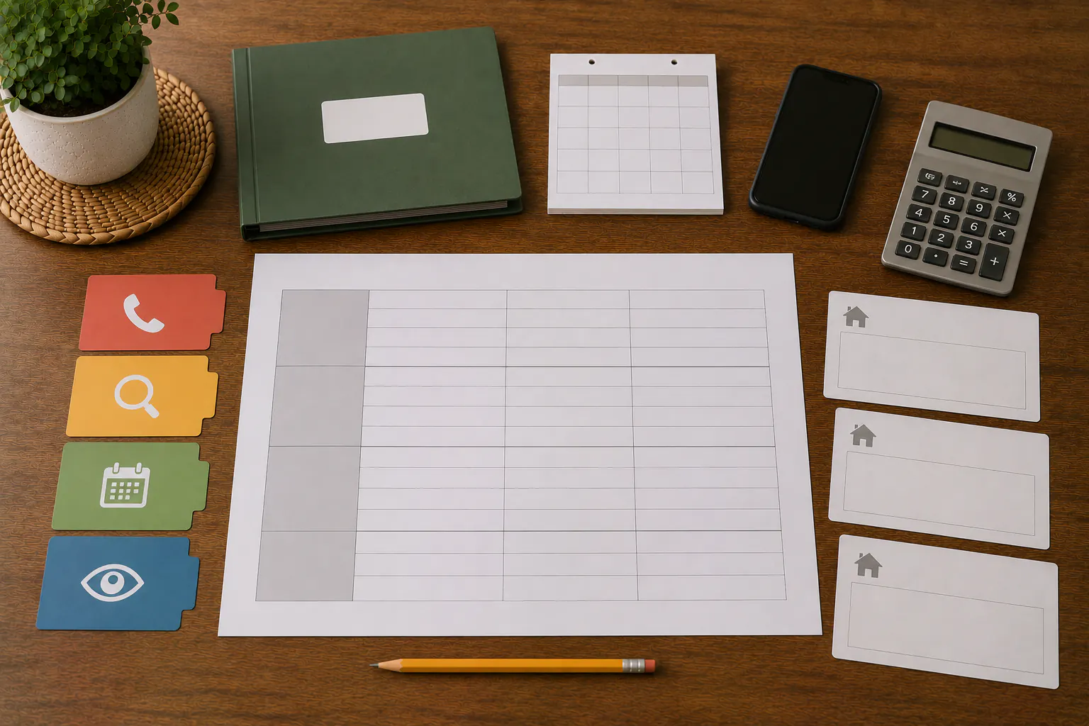 An overhead repair-priority workspace with a large blank matrix of unlabeled lanes, text-free priority tabs, a pencil, a blank calendar card, a phone, a closed folder, a blank-display calculator, and three blank contractor-scope cards.