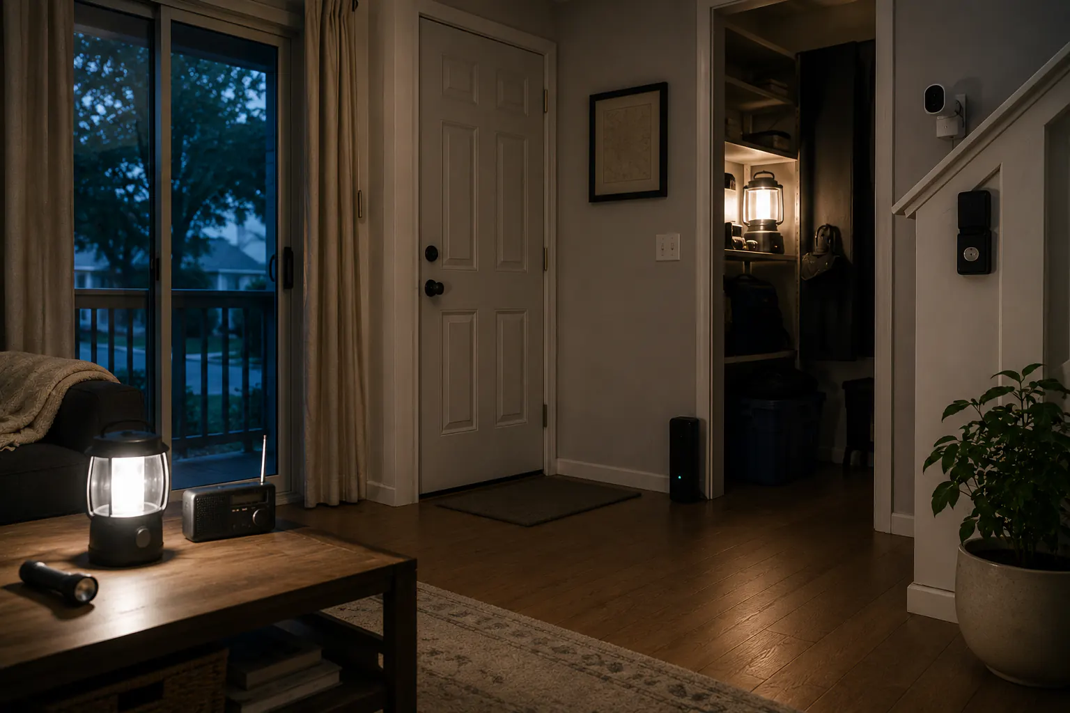 Battery lantern and radio in a dim living room during a blackout.