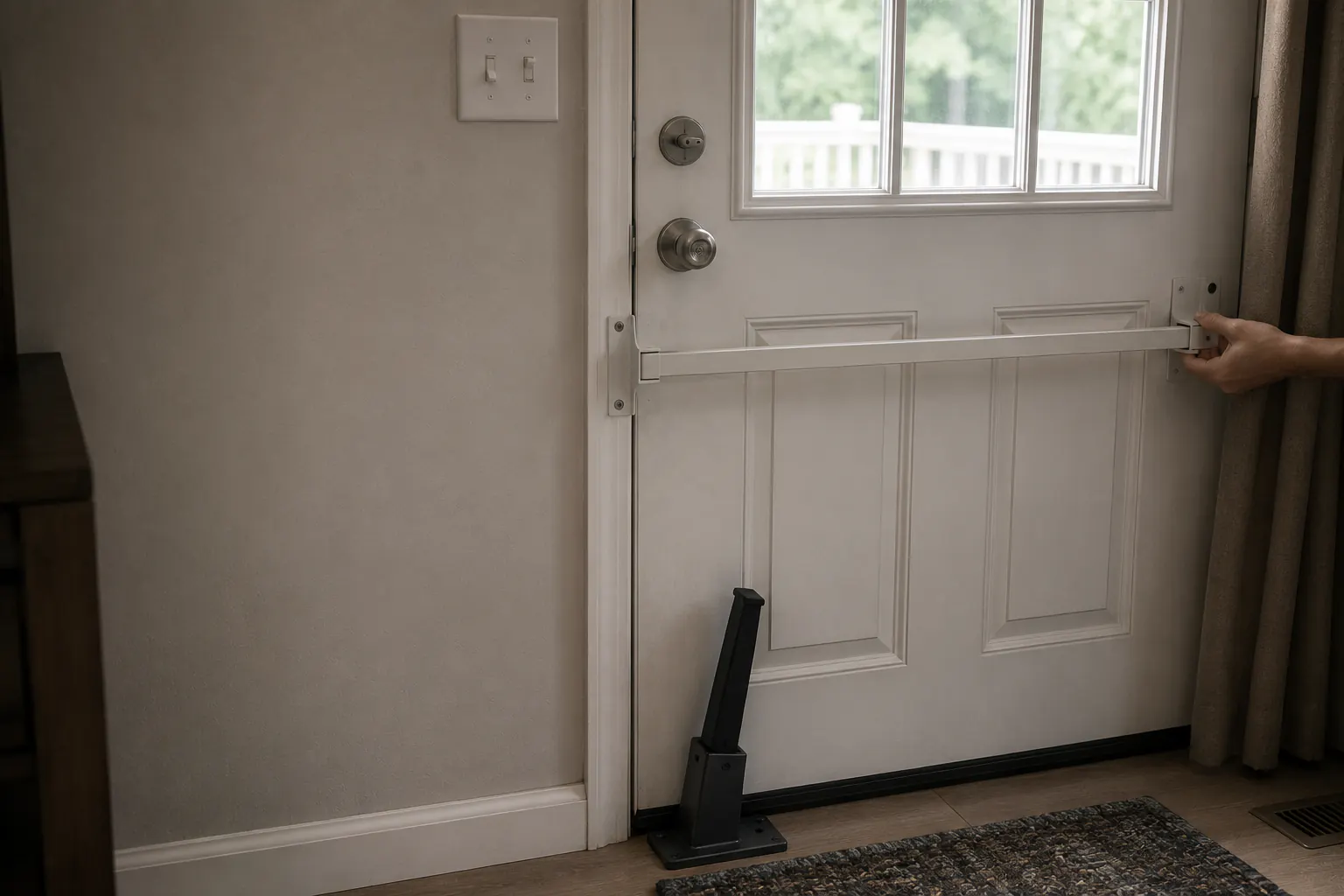 Interior door with a removable security bar and a clear floor path.