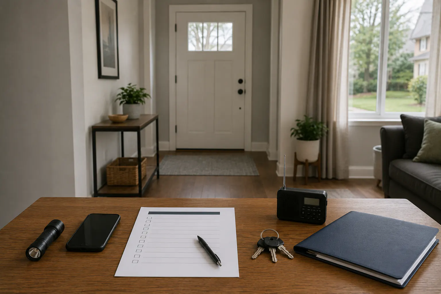 A closed home entry door with a clear, unobstructed path to it, and a table holding a blank inspection checklist, keys, a flashlight, a phone, a small radio, and a plain folder; a nearby window has ordinary curtains.