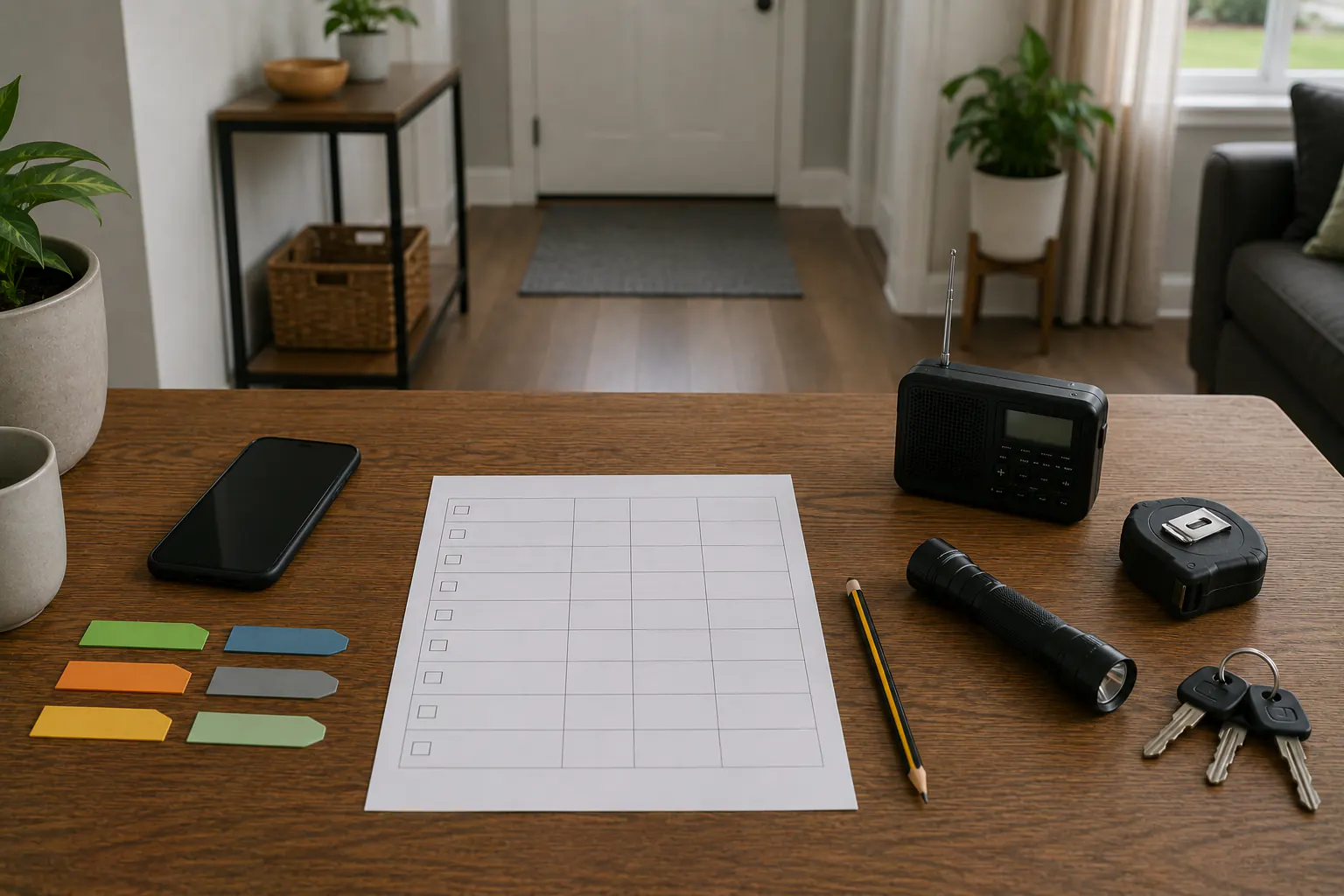 An overhead table workspace with a blank grid checklist of eight rows, a pencil, keys, a flashlight, a small radio, a closed tape measure, and blank color tabs; a clear entryway with a closed door is in the background.