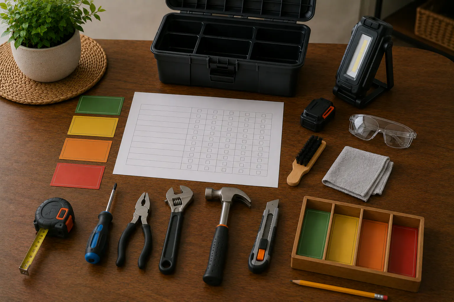 An overhead tool-inventory workspace with a blank matrix, text-free status cards, ordinary intact tools, a closed battery pack set apart with no charger, a soft brush, a cloth, and a pencil.