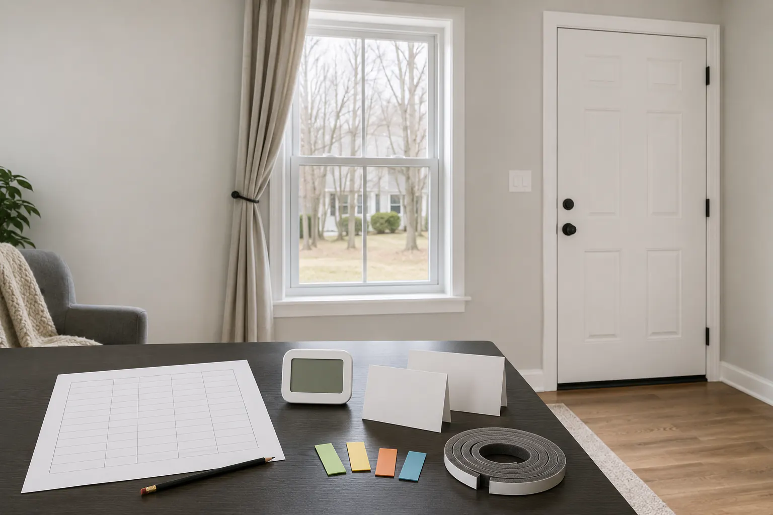 A table holding a blank printed grid sheet, a pencil, a humidity gauge with an empty display, two cards folded shut, plain colored location tabs, and an uninstalled weatherstrip sample, with an intact closed window and door and a clear floor route behind.