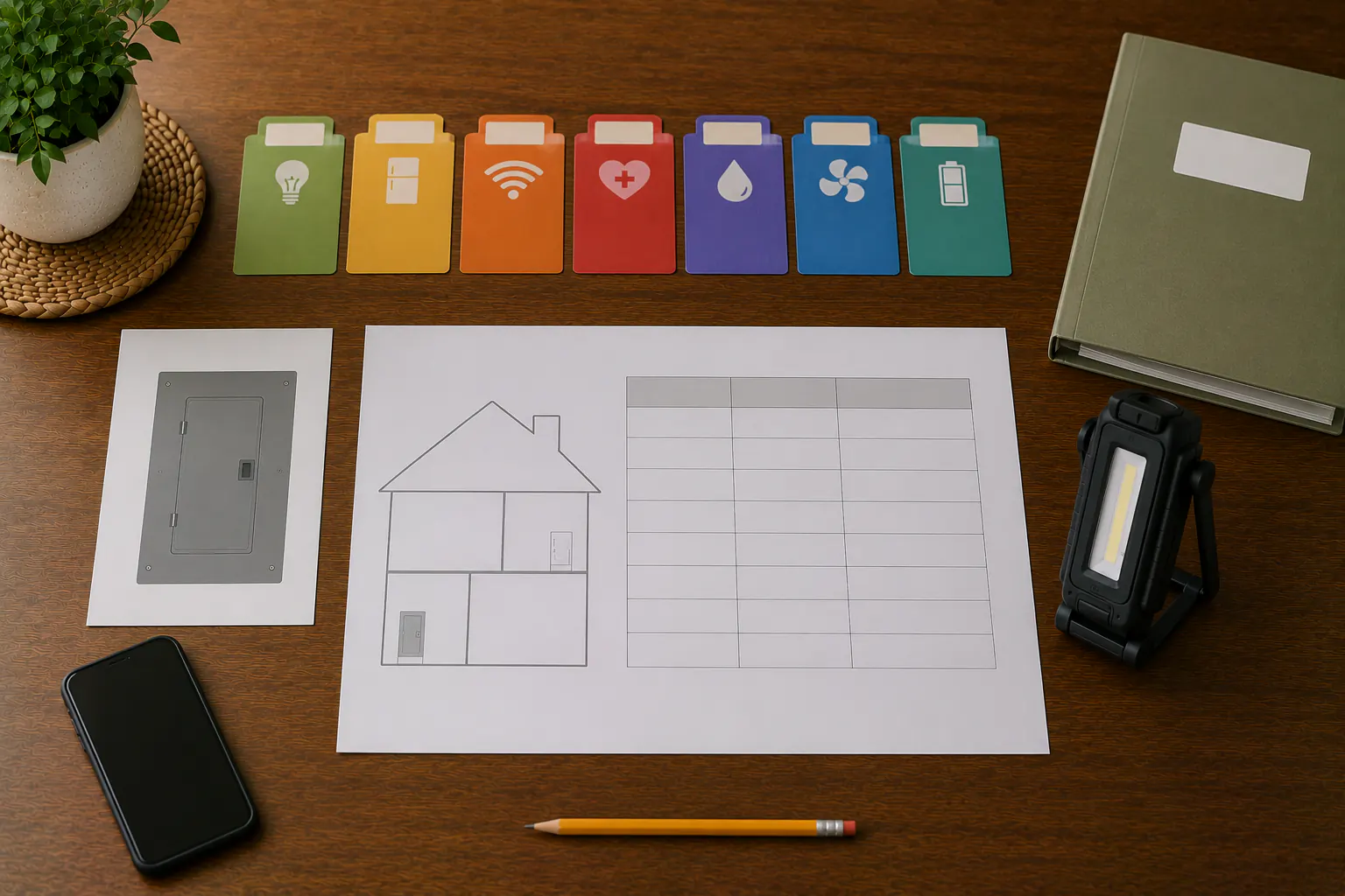 An overhead workspace with a blank home-outline sheet, an empty circuit-directory grid, text-free color tabs, a closed panel silhouette, a pencil, a task light, and a phone.