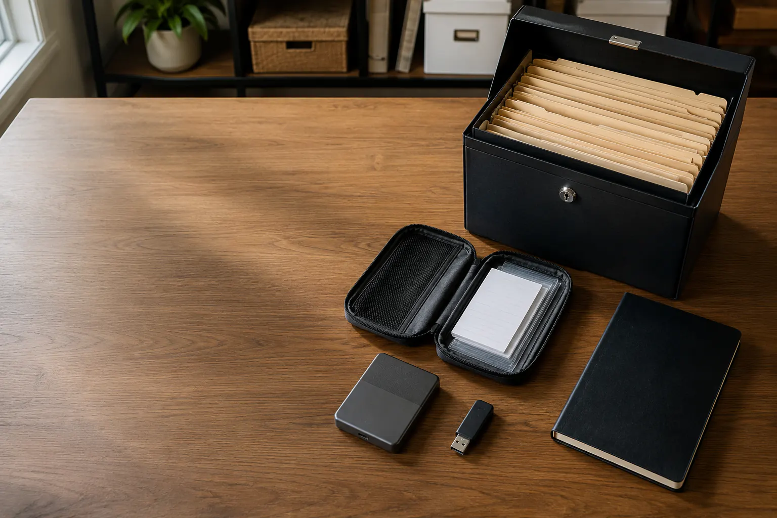 A closed laptop on a desk beside a disconnected network cable and an external drive kept physically apart.