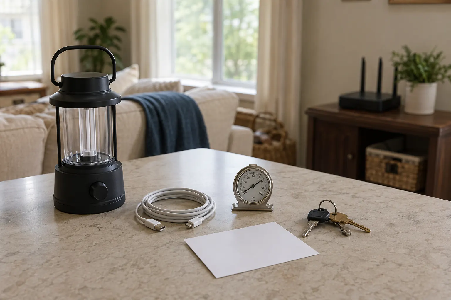 A home tabletop with a switched-off lantern, coiled charging cable, appliance thermometer, keys, blank note card, and a router in the background.