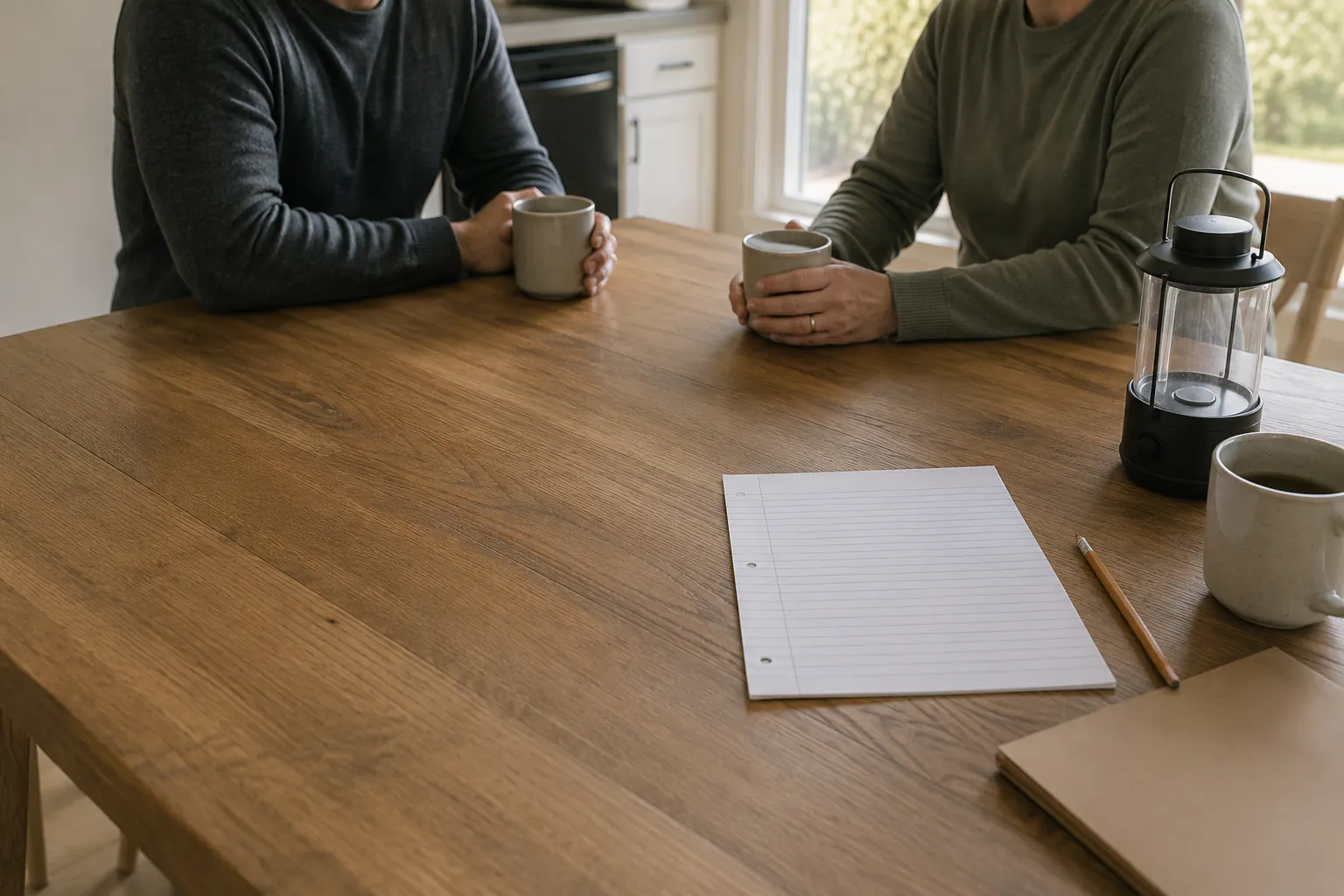 A blank lined sheet, a pencil, two plain ceramic mugs, and a small battery lantern on a kitchen table, with two adults seated and framed below the shoulders.
