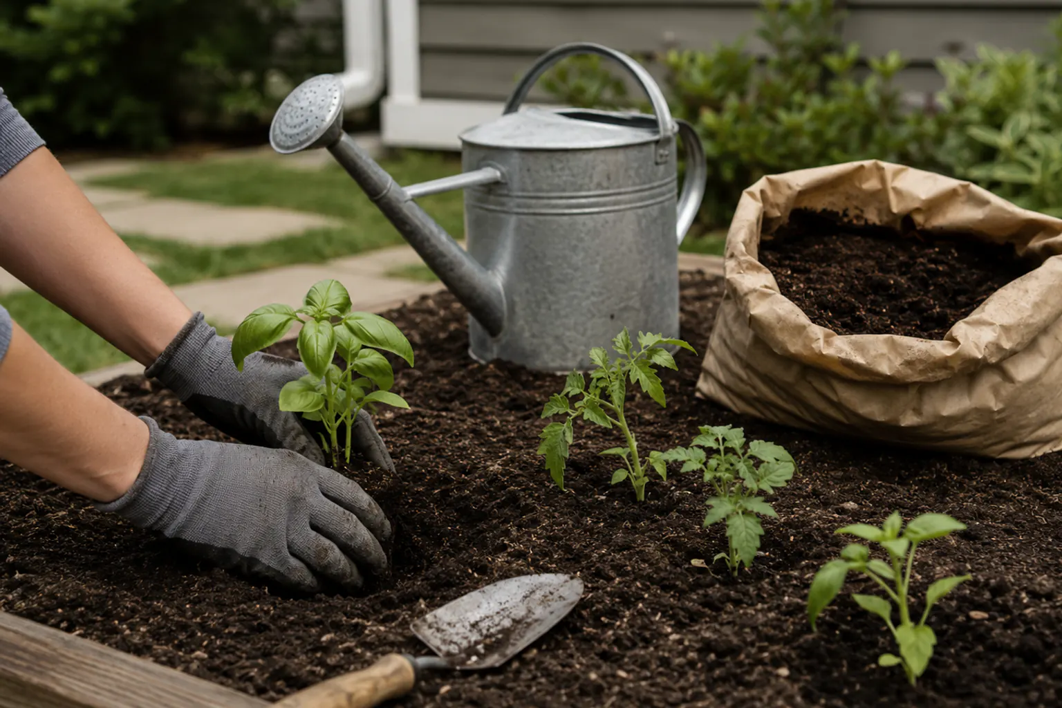 Gloved hands firming a basil seedling into a freshly prepared raised bed beside young tomato starts, a watering can, a bag of soil, and a trowel.