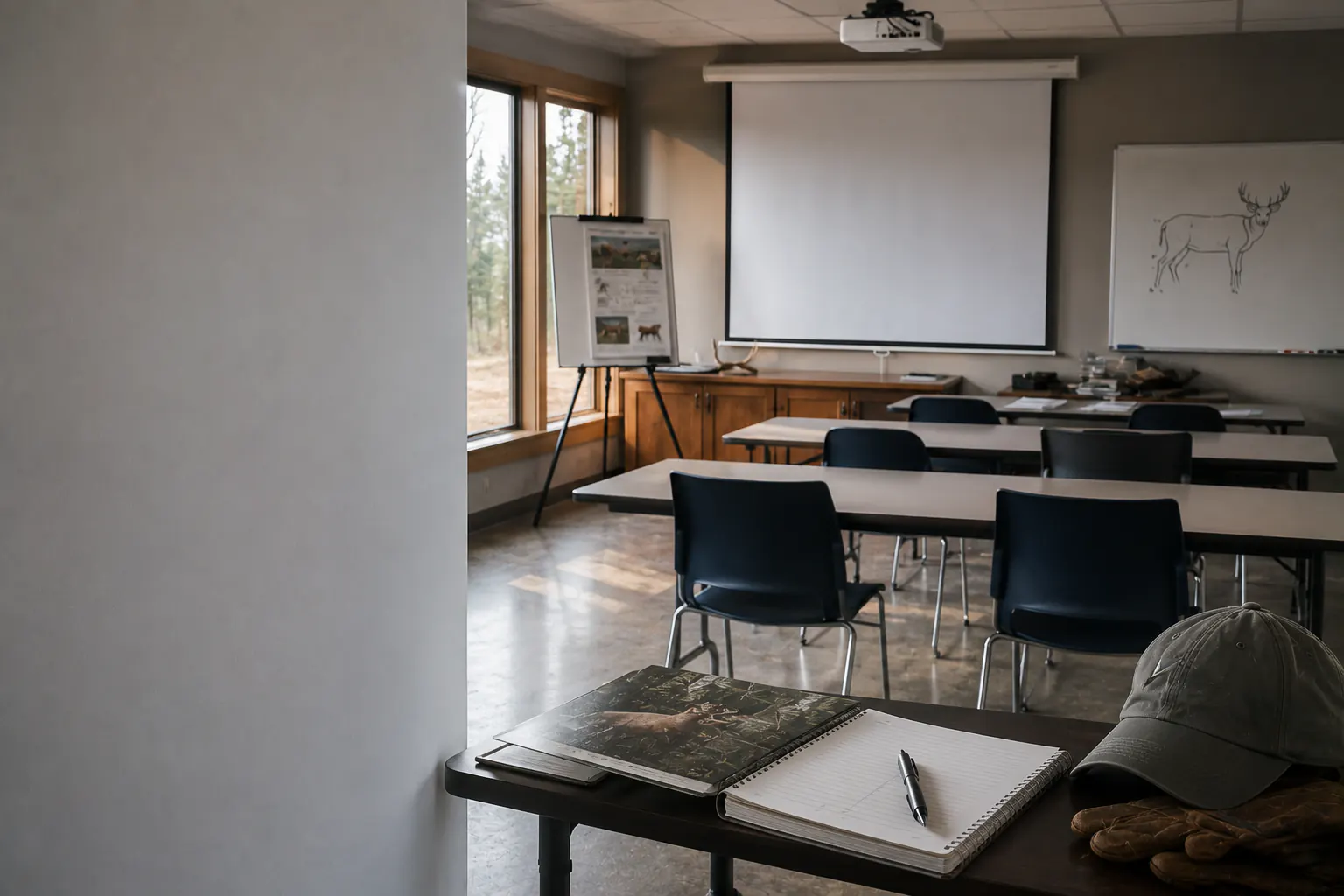 An empty hunter education classroom with chairs, desks, a whiteboard, and a deer illustration.