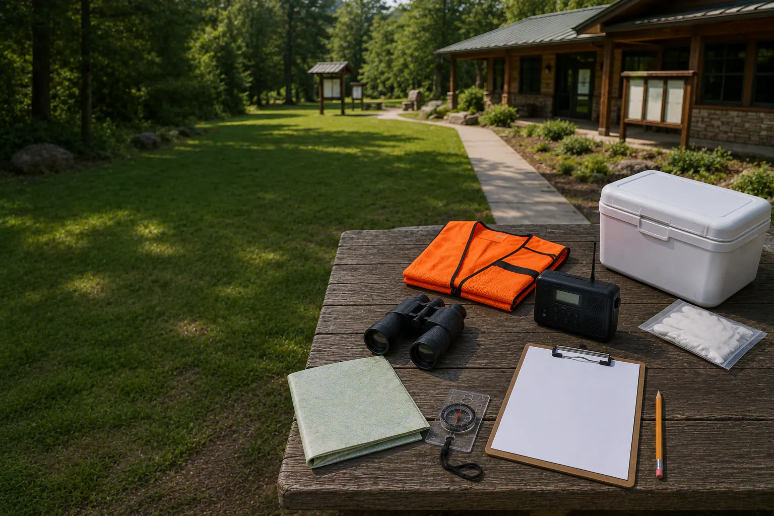 A folded high-visibility orange safety vest, an unlabelled topographic-style map, and a plain baseplate compass on an outdoor education table beside a maintained visitor centre.