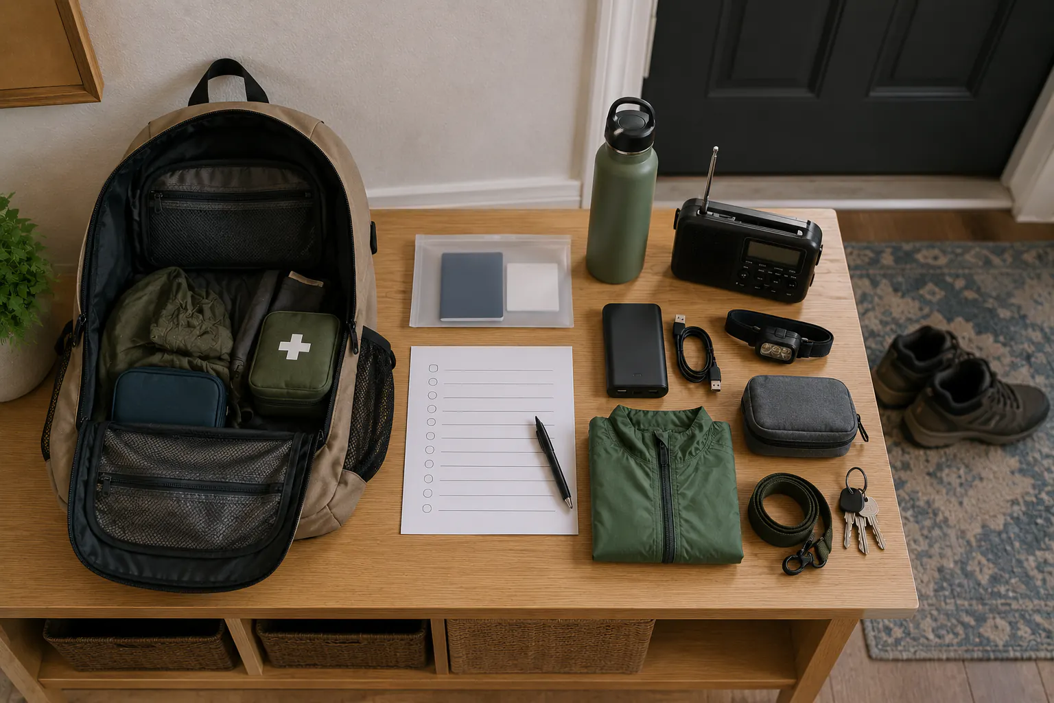 Open evacuation bag beside water, a radio, headlamp, power bank, keys, blank checklist, documents, and sturdy shoes at a home entryway.