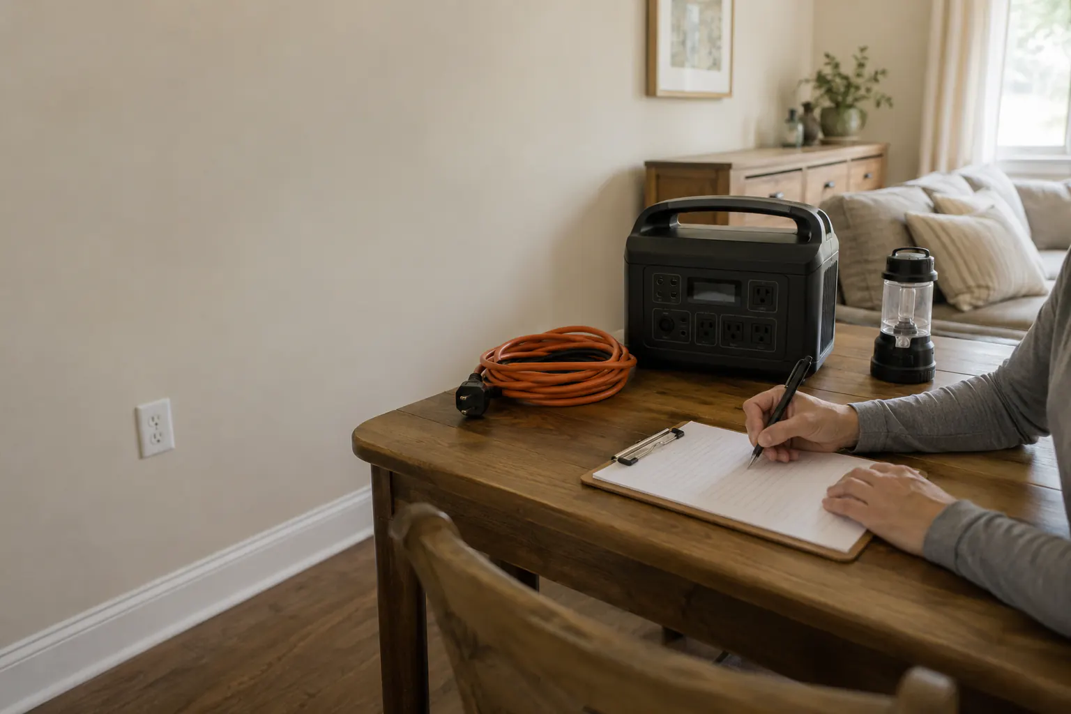 Hands writing on a clipboard beside a portable power station, a coiled extension cord, and a lantern on a dining table.