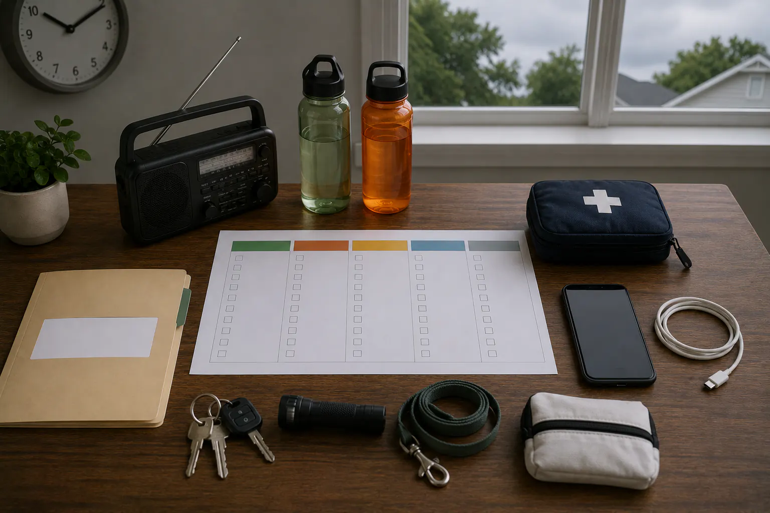 An overhead hurricane-timeline workspace with a blank checklist using color-coded but text-free column headers, a battery radio, two water bottles, a first-aid pouch, a blank-labeled folder, keys, a flashlight, a phone, and a charging cable.